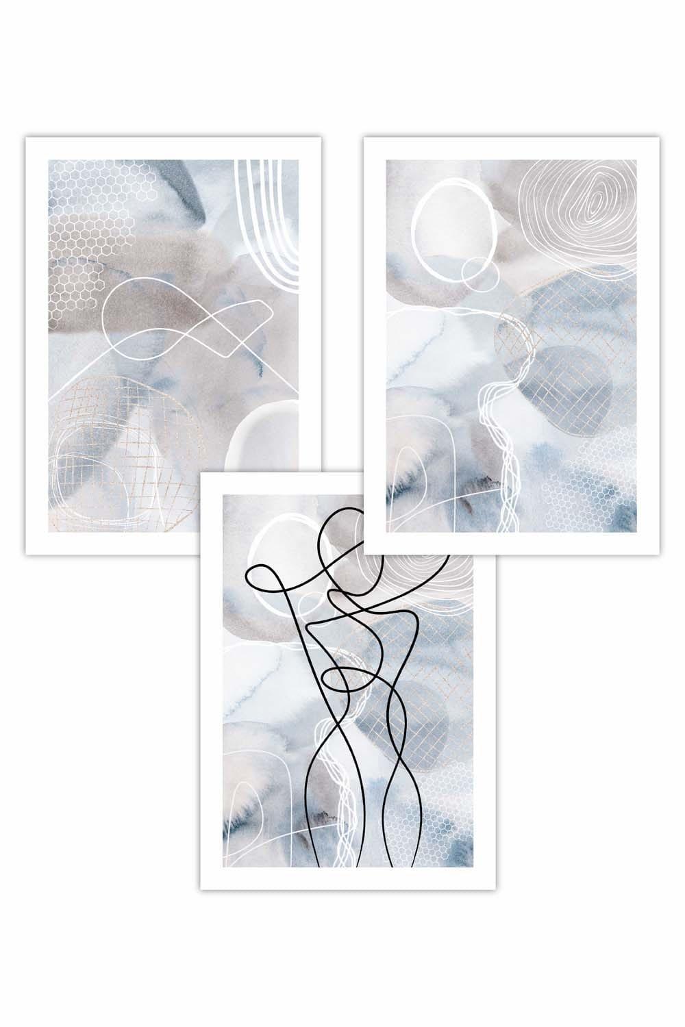 Set of 3 Abstract Fashion Line Art in Blue & Beige Art Posters